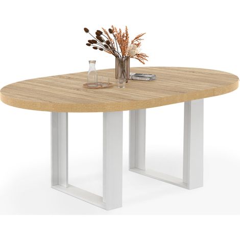 Idmarket – Table à manger extensible ronde 4-6 personnes – Bois clair et blanc – Longueur 110-150 cm – Style moderne et épuré (1/5)