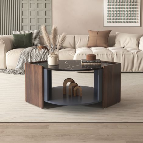 Table basse effet marbre & noyer - Couleurs contrastées, lignes uniques