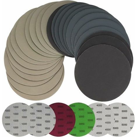 Lot de 30 Disques Abrasifs Ronds Secs et Humides de 125mm Grain 1000/1500/2000/3000/4000/5000 Pour Métal et Bois Ponceuse Orbitale (1/5)