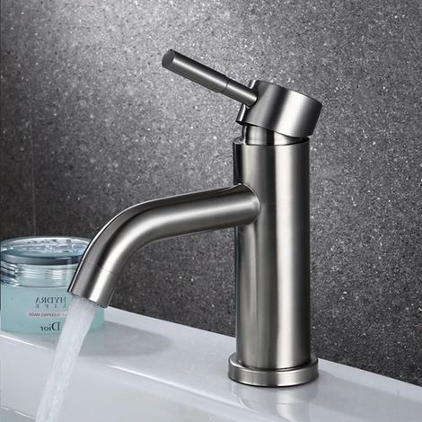 Robinet Mitigeur de Salle de Bain Lavabo Robinet en acier inoxydable Unique Lavabo Robinet froide et d'eau chaude un seul trou Unique Poignée(pliez) (1/4)