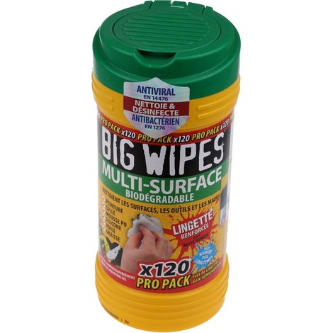 Lingettes multi-surfaces ultra absorbantes 120 unités – Biodégradables – Nettoie peinture, graisse, silicone – Tube pratique – Big Wipes (1/5)