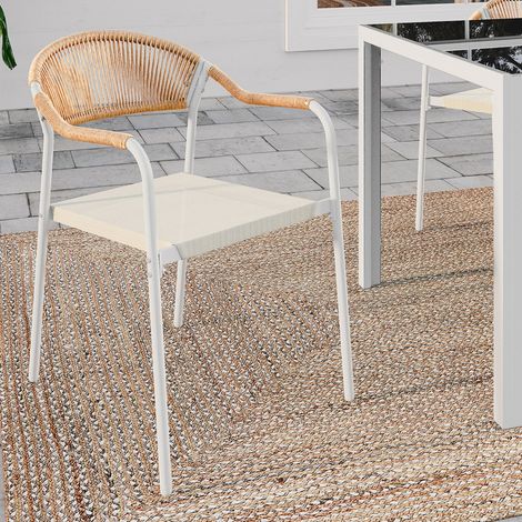 Lote de 6 sillas de jardín MADEIRA de metal blanco con cordón de textileno de ratán beige y claro