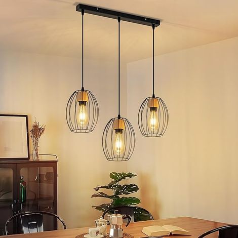 GBLY Hängelampe Vintage Pendelleuchte Esstisch 3 Flammig Schwarz Metall Holz E27 Retro Für Wohnzimmer Schlafzimmer Küche Ohne Leuchtmittel
