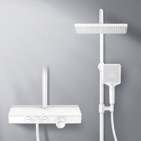 EMKE Colonne doccia termostatiche, vetro da 36 cm pannello, doccetta, 3 soffioni, doccia a pioggia, bocca di erogazione, montaggio a parete, certificato KTW, Bianco