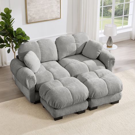 Sofá modular en U de chenilla gris claro con puf móvil, 2 plazas, diseño capitoné (1/5)