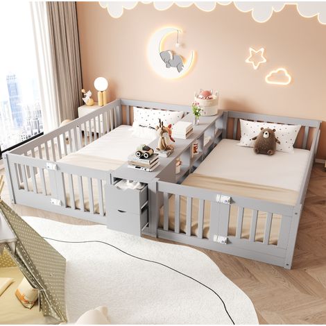 Letto per bambini 90x200 cm, due zone notte separate con contenitore integrato, sponde di sicurezza, legno - grigio (1/5)