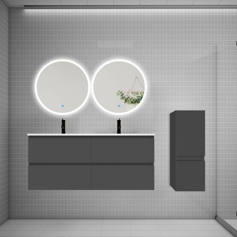 Ensemble meuble double vasque L.120cm 4 tiroirs + lavabo + 2 LED miroirs rond 60cm + colonne,anthracite (1/5)