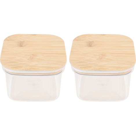 Contenitore quadrato in plastica trasparente e a chiusura ermetica, ideale per la cucina, per cereali, frutta secca, tè, chicchi di caffè, con coperchio in bambù – set da 2 x 600 ml