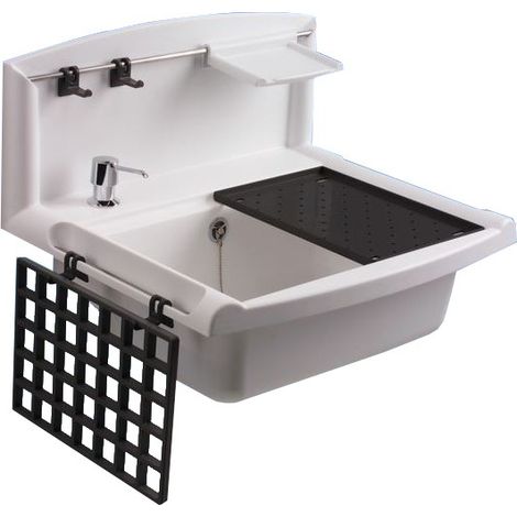 Banyo – Vasque fonctionnelle 12 litres en plastique blanc – Paroi anti-éclaboussures – Garde-corps en acier inoxydable – 2 porte-serviettes intégrés