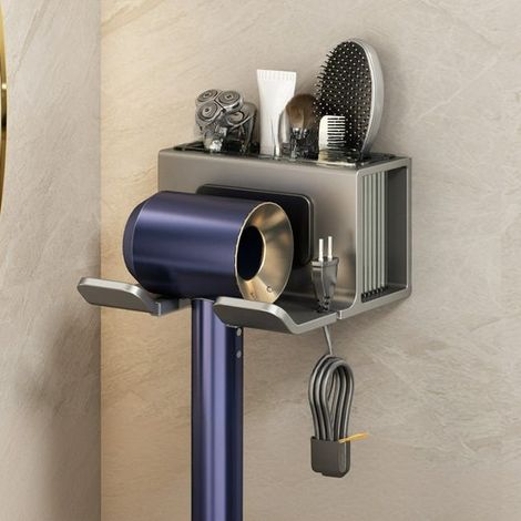 Haartrocknerhalter Wandhalterung ohne Loch für Badezimmer, dunkelgraues Aluminium, 14,6 x 14,4 x 8,8 cm