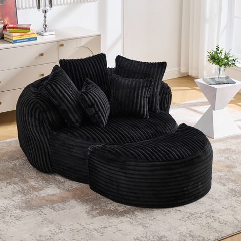 Sillón de lectura redondo con reposapiés, 5 cojines, respaldo y reposabrazos, chenilla negra (1/5)