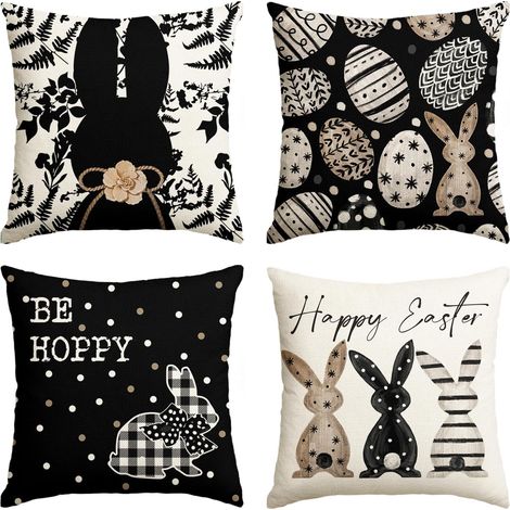 Lot de 4 housses de coussin décoratives pour canapé, salon, 45 x 45 cm, noires, motif de lapin, feuilles, œufs de Pâques (1/5)