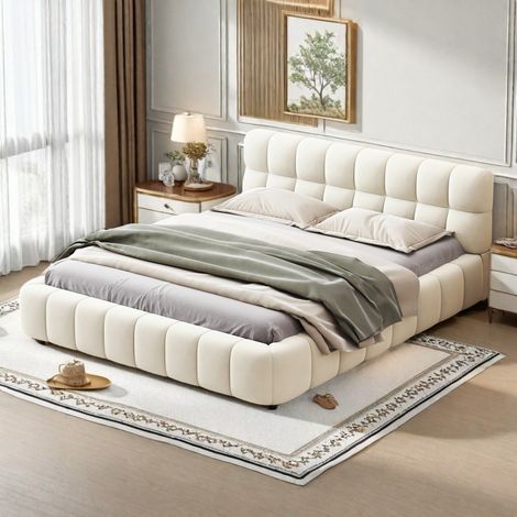 Bett 140x190 cm, mit weicher Rückenlehne, Doppelbettrahmen, Lattenrost und gepolstertem Kopfteil, skandinavischer Stil, Beige