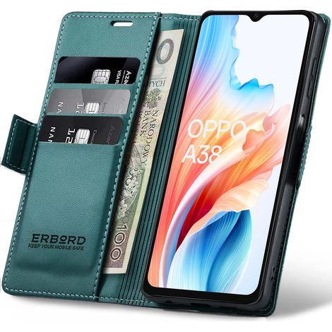 Funda para Oppo A38 / A18, tipo cartera con tapa abatible color lichi brillante, verde. (1/5)