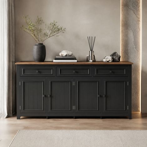 Buffet 160 x 35 x 76 cm en MDF noir avec 3 tiroirs, 4 portes et étagères réglables DESVIAE (1/5)