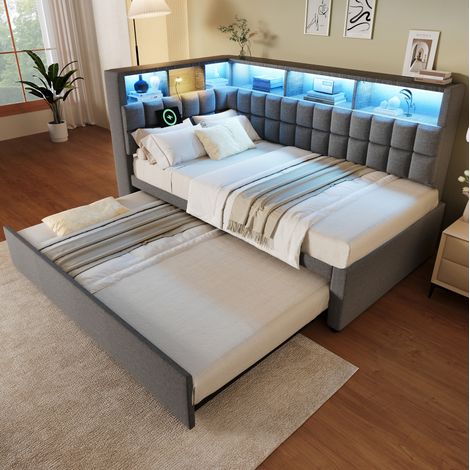 DESVIAE Lit banquette rembourré avec lit gigogne 90 x 200 tête de lit en L avec rangement LED haut parleur Bluetooth USB et USB C gris (1/5)