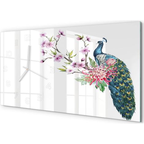 Grande Horloge Murale 60x30 cm Design Panoramique Verre Silencieux pour Salon Paon et fleurs (1/5)