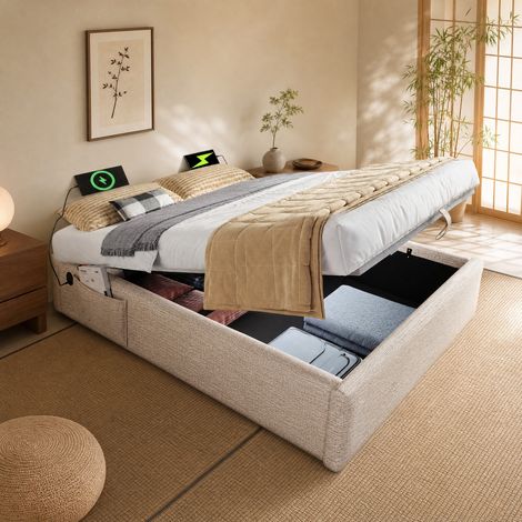 Cama matrimonio 160x200 con almacenaje USB y lino DESVIAE (1/5)