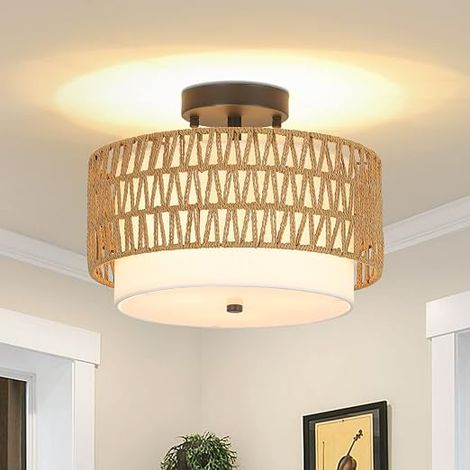 Boho Living Room Ceiling Light, Vintage Rattan Ceiling Light with Linen Shade, Semi Flush Mount Bamboo Ceiling Lamp, Rustic Hanging Lamp for Bedroom Kitchen Dining Table (1/5)