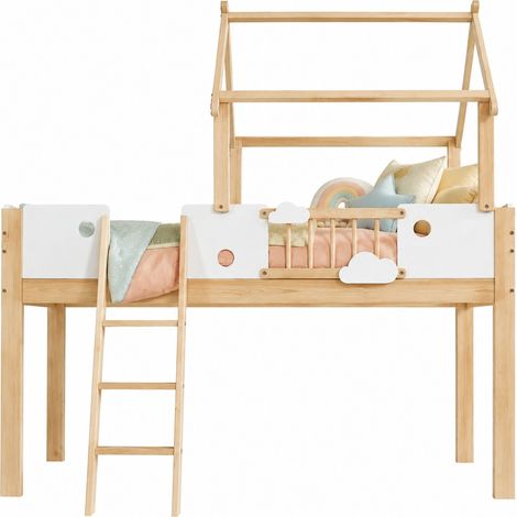 Haut lit enfant 90x200 cm avec toit, barrière de sécurité, échelle 3 marches, blanc et naturel, en bois et MDF, CHICFURN (1/5)