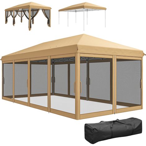 Faltpavillon, 6 x 3 m, mit abnehmbaren Moskitonetzen und Tragetasche, Beige/Schwarz