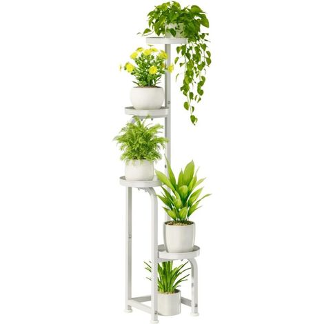 Bamworld- Support de fleurs en métal blanc - 4 étages - Robuste - Pour terrasse, jardin, balcon, salon, chambre à coucher (1/5)
