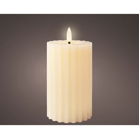 Lumineo Batterie LED Wachskerze Creme gerippt Flammeneffekt Ø 7,5 cm Höhe 14,8 cm - warmweiß (1/5)