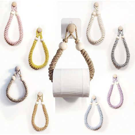 Porte-Rouleau De Papier Toilette - Suspension Sans Perçage - Cordon En Coton Et Perles Bois Naturel - Pour Salle De Bain Miroir Porte Ou Mur - 1 Pièce (1/5)