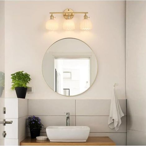 Applique de salle de bain, Applique murale 3 lumières en laiton pour miroir avec abat-jour ambré, ampoules non incluses (1/5)