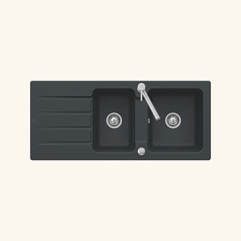 Villeroy & Boch – Évier céramique noir mat 2 bacs 1 égouttoir – Pose à encastrer – Dimensions 1160x510mm – Bonde et siphon inclus