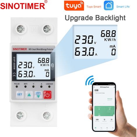 WiFi Smart Energy Meter AC 63A 80-300V Intelligentes Erdschluss-Über-Unterspannungsschutz-Relaisgerät Leistungsschalterschalter Energieleistung kWh-Messgerät Smart Life 230V
