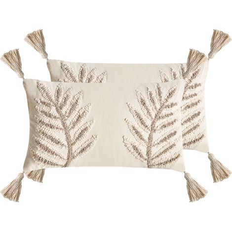 Lot de 2 Coussins Décoratifs en Coton Tissu Motif Floral 30 x 50 cm Beige Pometia