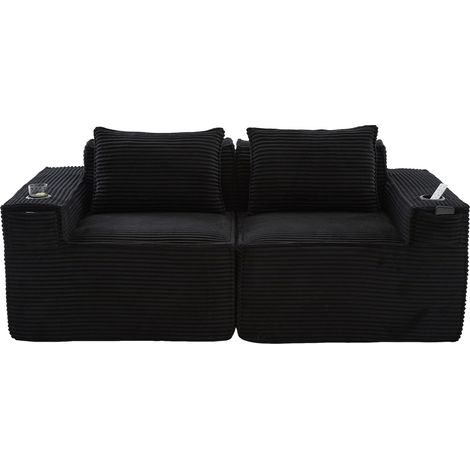 Modulares 2-Sitzer-Sofa in Cord, mit Becherhaltern und Seitentaschen, Federkern und Schaumstoff, Schwarz (1/5)