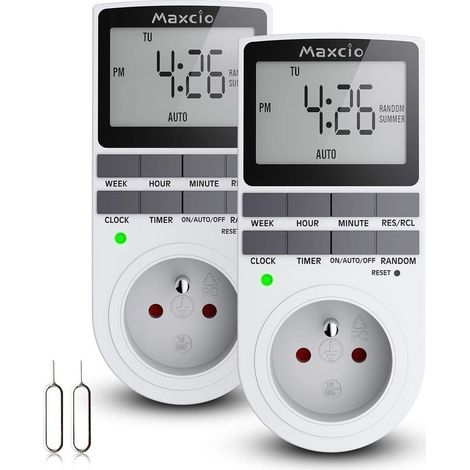Prise programmable digitale 16A/3680W – Minuterie numérique 24h/7j – Écran LCD – Mode aléatoire antivol – Économie d'énergie (2 Packs) (1/5)