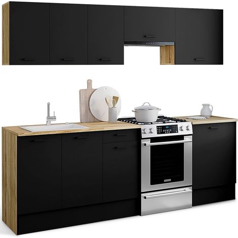 Idmarket – Cuisine complète 240 cm – 7 éléments bois et noir – Plan de travail 90 cm de hauteur – Étagères réglables 3 positions