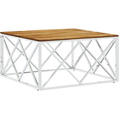 Table basse,Table d'appoint,Table de Salon argenté acier inoxydable et bois massif d'acacia CFW72284 (1/5)