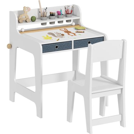 Bureau enfant avec chaise, table enfant et chaise avec 2 tiroirs en tissu et porte-gobelet, 62,8x55,6x73,8cm, blanc (1/5)