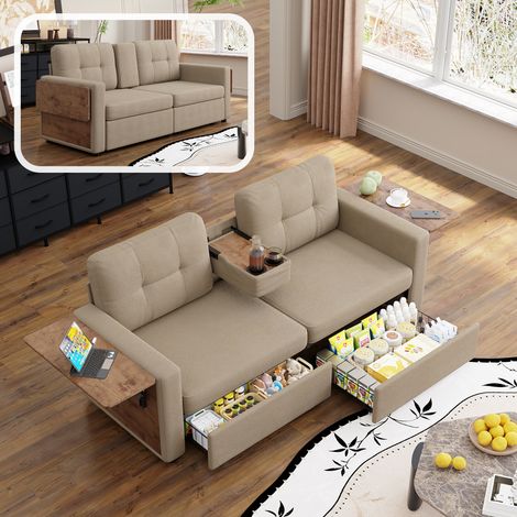 Canapé deux places avec deux compartiments de rangement et assise réglable, équipé d'une tablette rabattable pour ordinateur portable et de porte-gobelets canapé moderne en tissu (chenille kaki) (1/5)