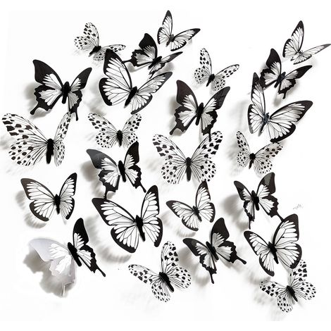 BRAVIX 24PCS 3d simulation en trois dimensions noir et blanc motif papillon stickers muraux événement fête salon chambre armoire décoratif stickers muraux