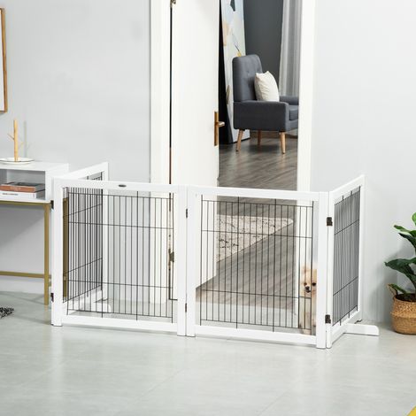 Barrera de seguridad plegable para perros de madera y acero, 4 paneles, blanca (1/5)