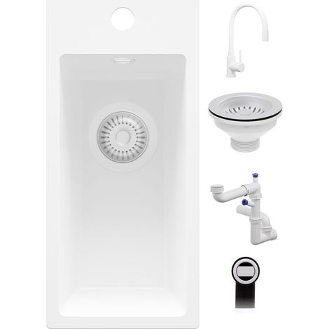 PRIMAGRAN Evier Cuisine en Granit 23x50cm,Lavabo 1 Bac + Robinet 38x14cm + Kit de Vidage, Évier à Encastrer au Meuble 25cm - Riga, Tout Blanc (1/5)