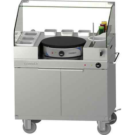 Chariot à crêpière professionnel 40cm amovible – 2700W + 750W – Acier inoxydable – Placard chauffant 75°C – 4 roues avec frein – Casselin