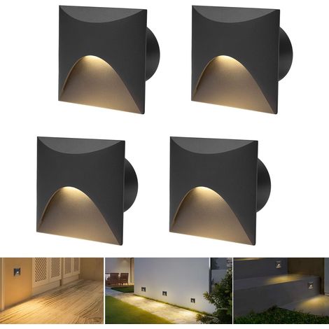 Applique murale 4 LED Blanc chaud 3000K Aluminium Lumière d'escalier 230V Rond Spot encastré 3W IP44 Etanche Intérieur Extérieur Noir Lumière de marche, avec boîte d'encastrement