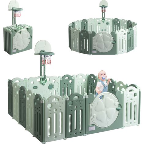 Parc bébé en HDPE pliable à 16 2 panneaux avec panier de basket-ball- Vert (1/5)