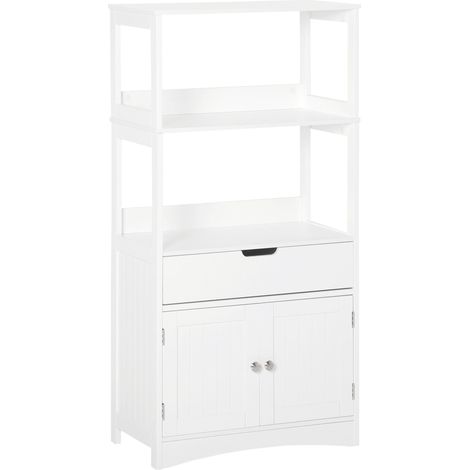 Mobiletto da Bagno con Mensole 2 Ante 1 Cassetto 60x33x122,5 cm in Legno Bianco (1/5)