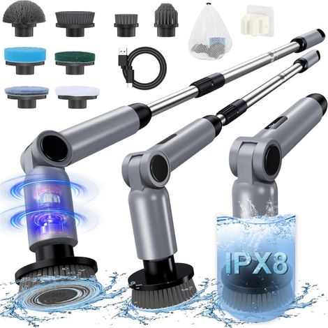 Brosse Nettoyage Electrique, [IPX8 Imperméable] Brosse Rotative Nettoyage,Conception Pliant, avec Tige TéLescopique et 8 TêTes de Accessoires pour Salle De Bain,Voiture,Fenêtre,Douche (1/5)