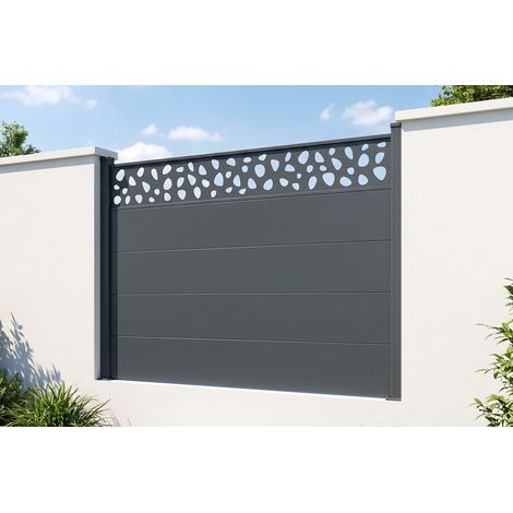 Clôture aluminium lames larges 2m H.150 gris anthracite - ALPIS SUNNY motif galets (1/5)