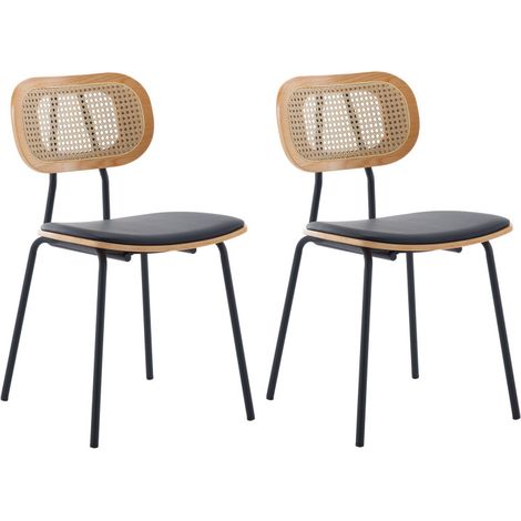 Sillas de Comedor de Madera Juego de 2 Sillas Cocina con Respaldo Sillas de Rattán Sillas de Cojín de PU para Hogar Salón Restaurante, Negro (1/5)