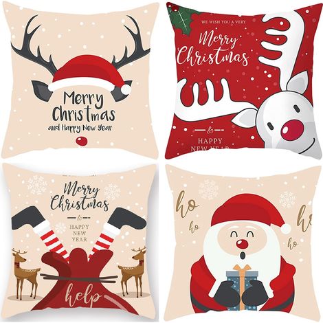 Housse De Coussin De Noël - 45x45 Cm - Fermeture Éclair Cachée - Tissu Polyester Résistant - Pour Canapé Chaise Lit Jardin Bureau - Lot De 4