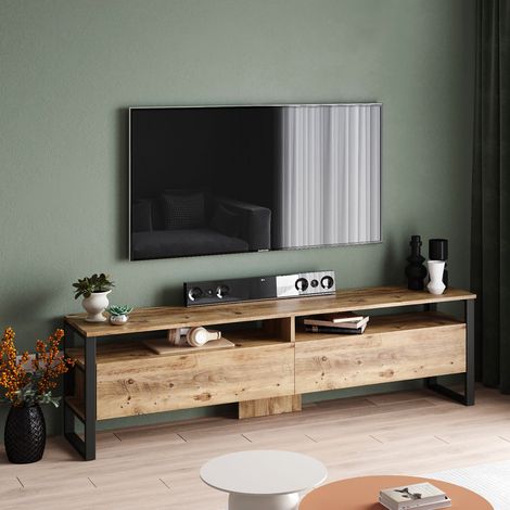 Cotecosy – Meuble TV 180 cm avec étagères en panneaux de particules mélaminés – Pieds en métal – Design linéaire avec niches ouvertes (1/6)